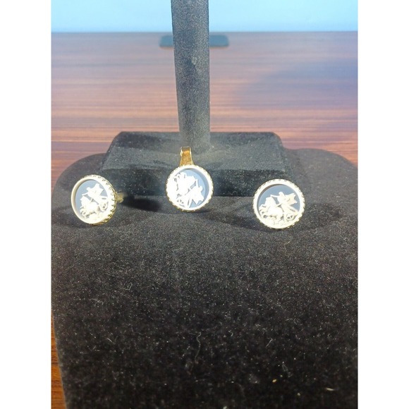 Vintage Cameo Trojan War Cufflinks & Tie clip Blue and White Horses - Picture 8 of 12